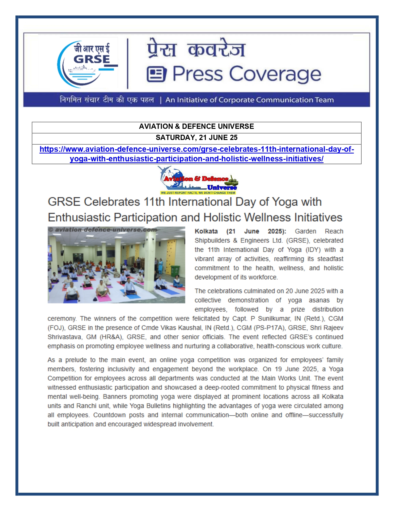 Press Coverage : CMD,GRSE conferred on CMA's Management Excellence Award 2025  